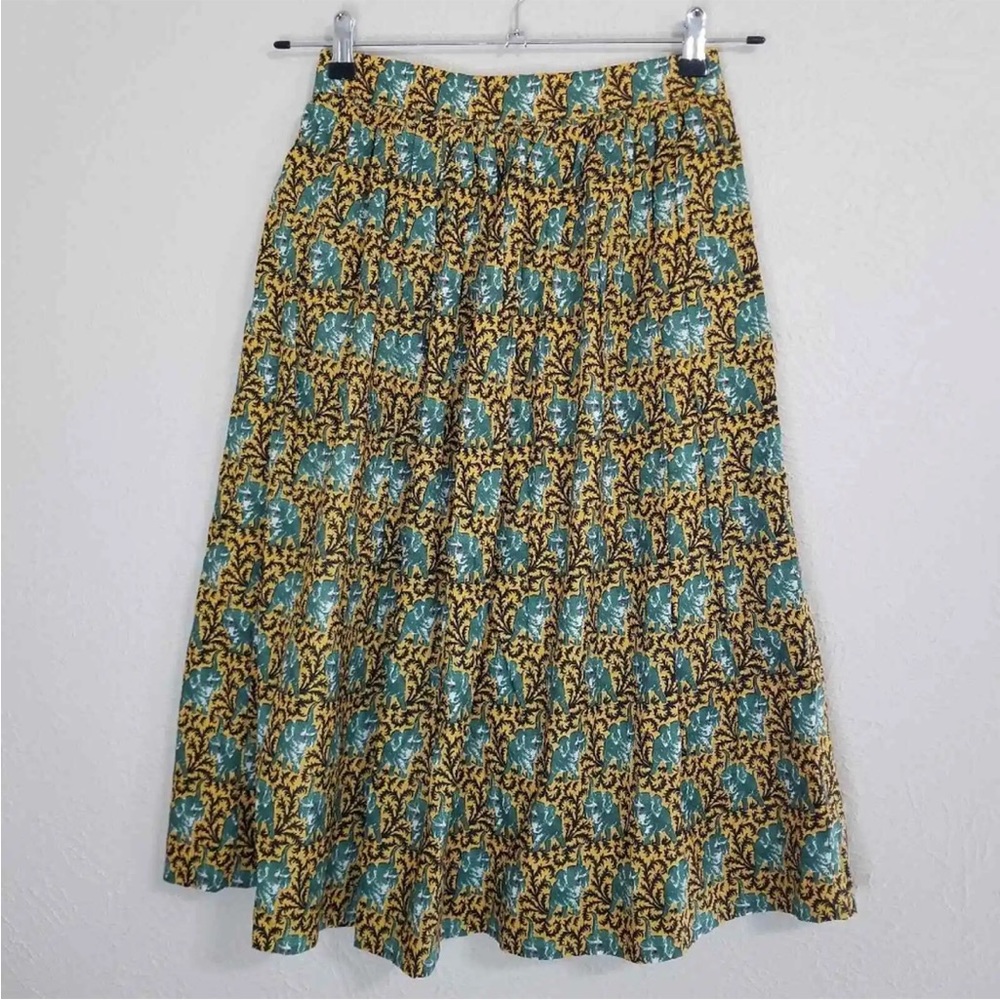 J.Crew Ratti Elephant Novelty Print A-Line Cotton Midi Skirt Gold Green Size 2 - Picture 3 of 9